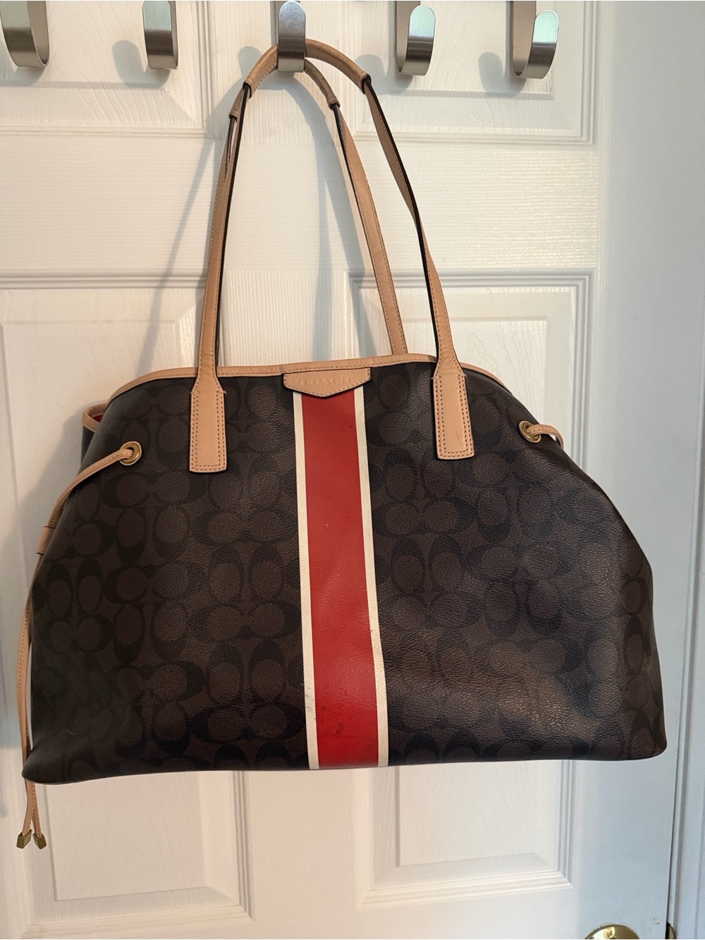 Coach Brown Signature Tote with Red Center Stripe and Tan Trim